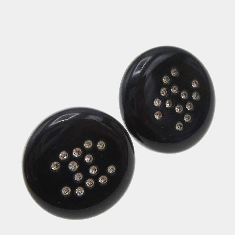 Pre Owned Chanel Button Pierced Earrings Rhinestone Black