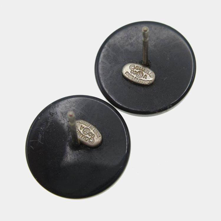 Pre Owned Chanel Button Pierced Earrings Rhinestone Black