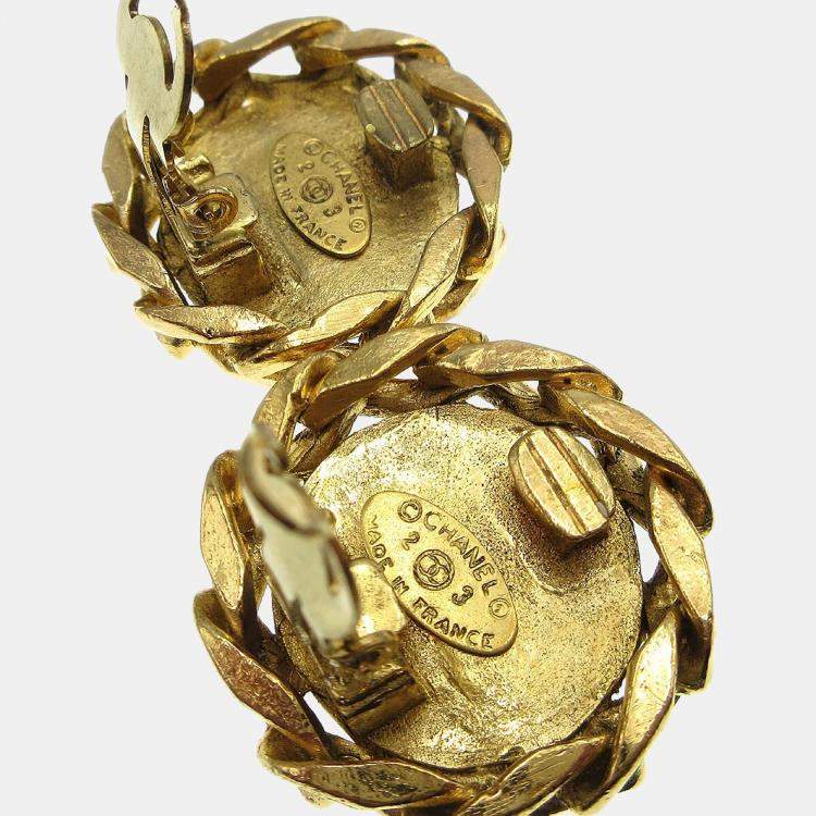 Pre Owned Chanel Button Rhinestone Earrings Clip-On Gold