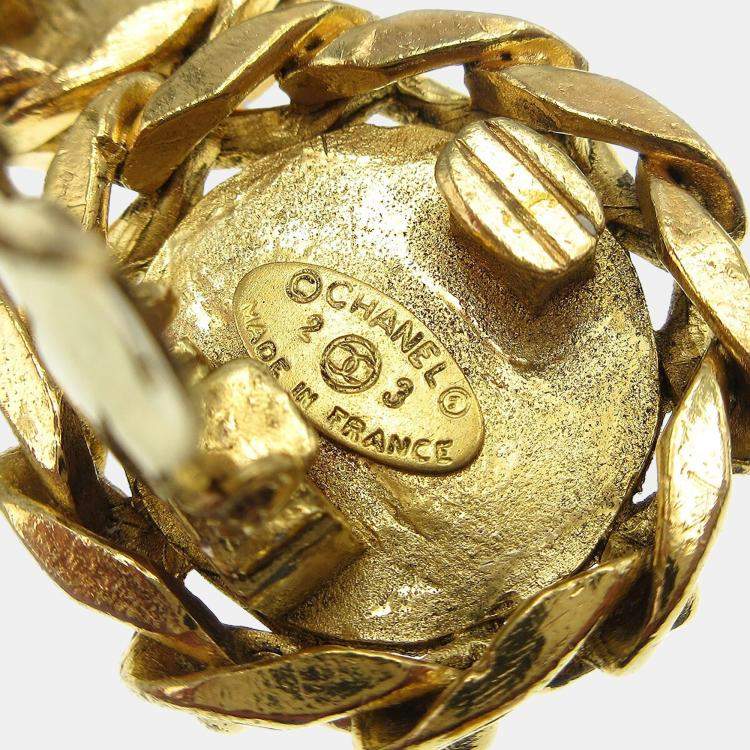 Pre Owned Chanel Button Rhinestone Earrings Clip-On Gold