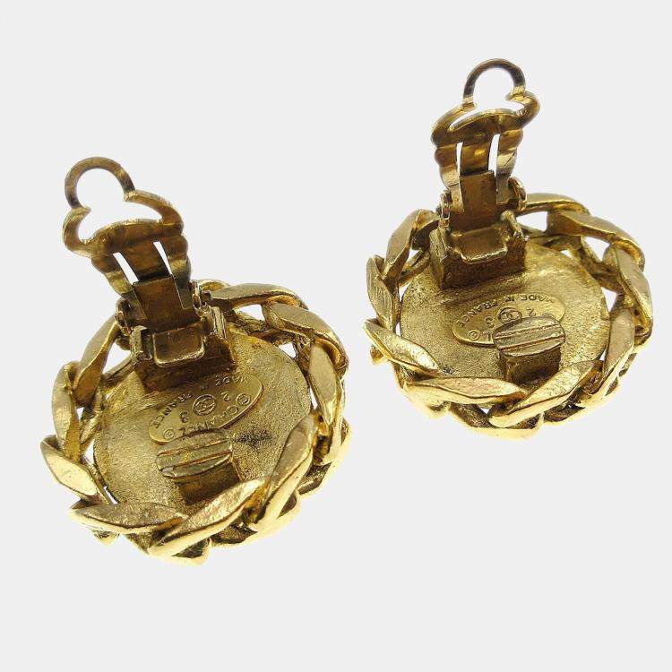 Pre Owned Chanel Button Rhinestone Earrings Clip-On Gold