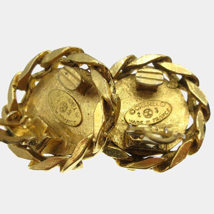 Pre Owned Chanel Button Rhinestone Earrings Clip-On Gold
