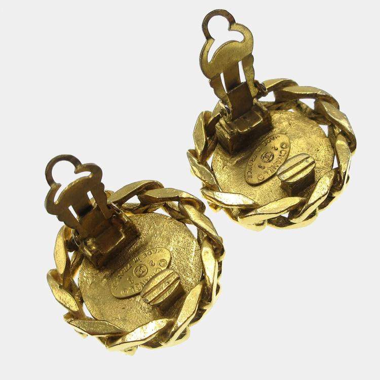 Pre Owned Chanel Button Rhinestone Earrings Clip-On Gold
