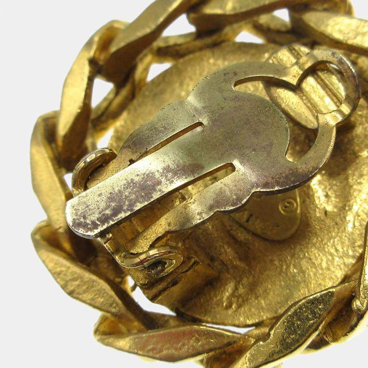 Pre Owned Chanel Button Rhinestone Earrings Clip-On Gold