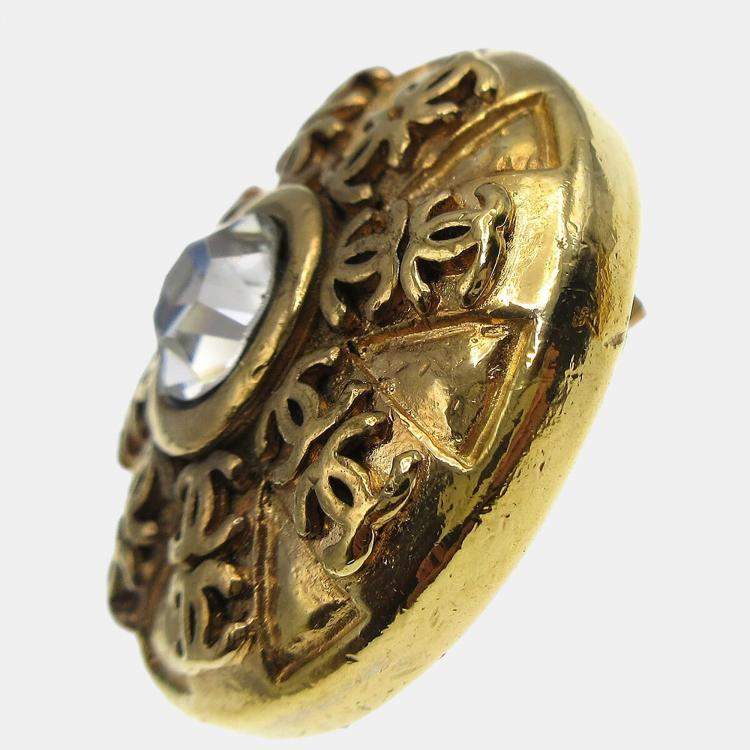Pre Owned Chanel Button Bijou Stone Earrings Clip-On 23 Gold