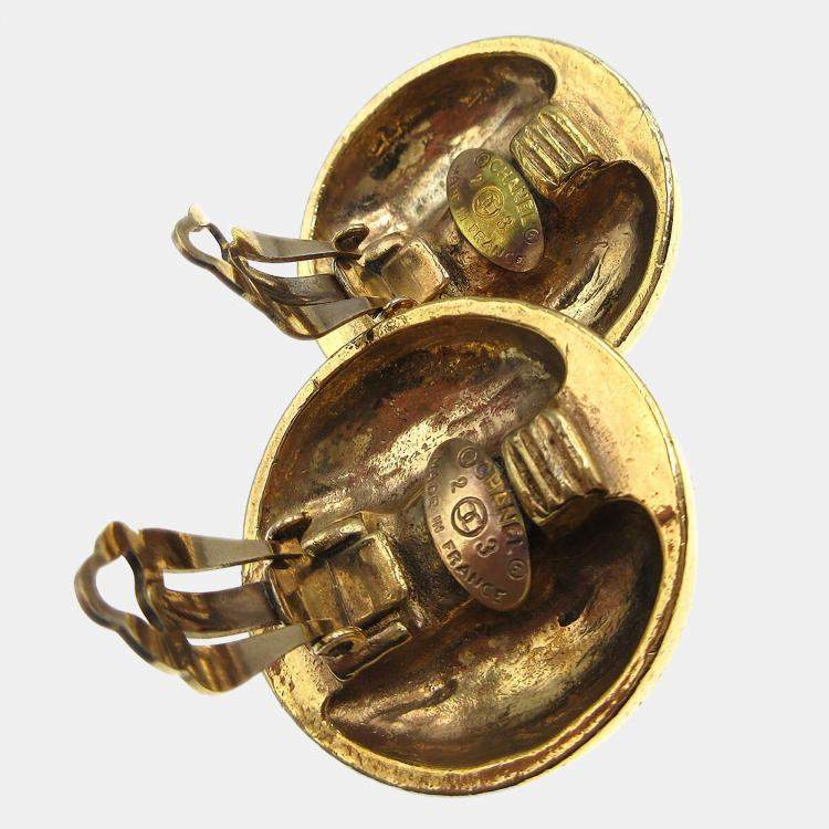 Pre Owned Chanel Button Bijou Stone Earrings Clip-On 23 Gold