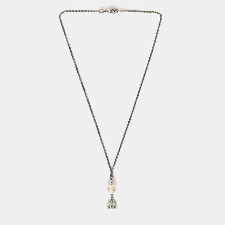 Pre Owned Chanel Silver Tone Faux Pearl CC Drop Pendant Necklace