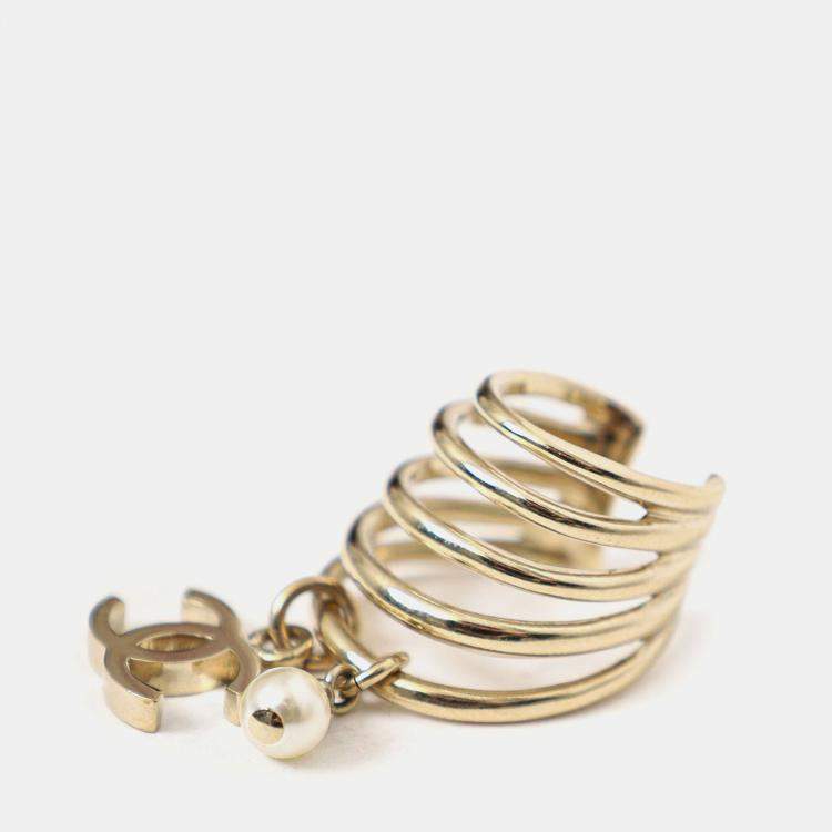 Pre Owned Chanel Gold Tone Pearl CC Logo Dangle Drop Ear Cuff