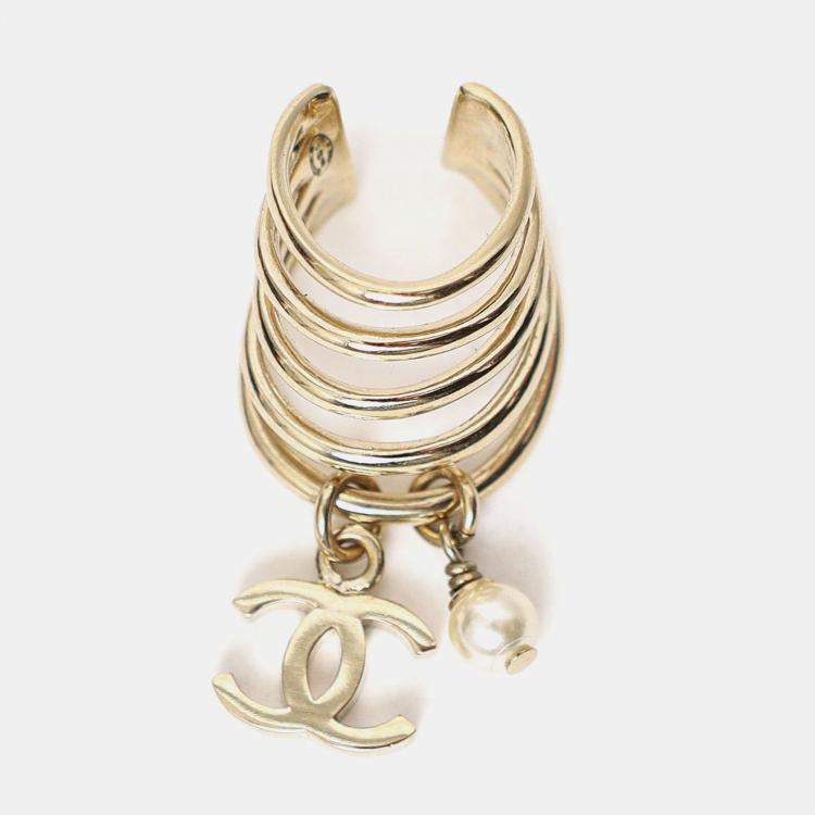 Pre Owned Chanel Gold Tone Pearl CC Logo Dangle Drop Ear Cuff