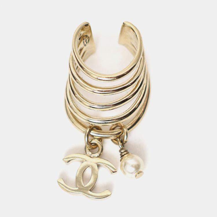 Pre Owned Chanel Gold Tone Pearl CC Logo Dangle Drop Ear Cuff