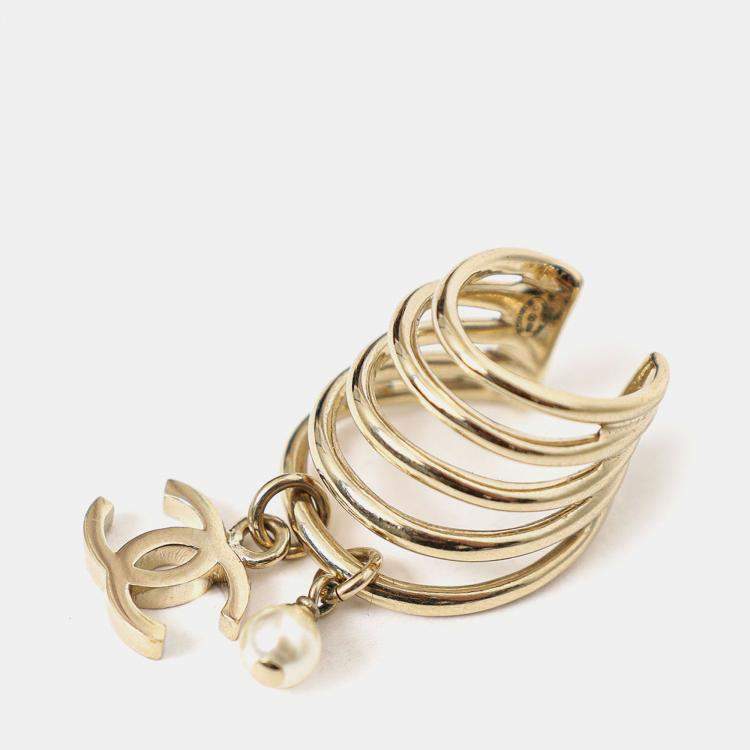 Pre Owned Chanel Gold Tone Pearl CC Logo Dangle Drop Ear Cuff