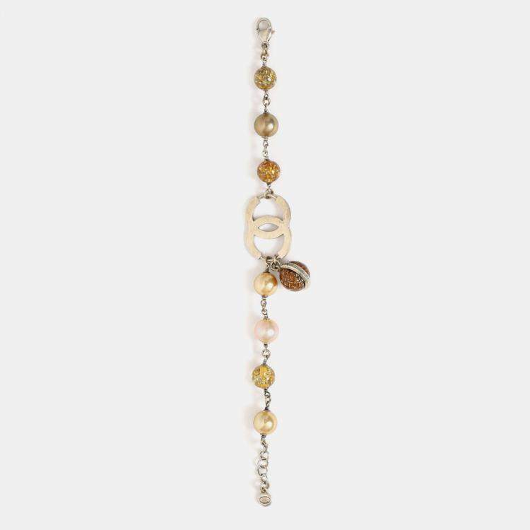 Pre Owned Chanel Silver Tone Clear Resin Bead and Pearl Bracelet