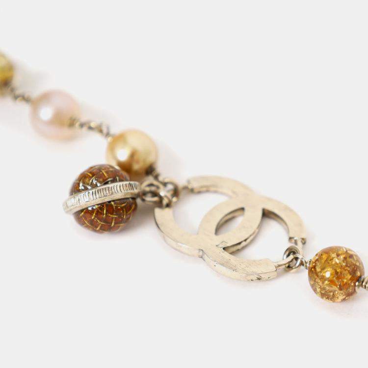 Pre Owned Chanel Silver Tone Clear Resin Bead and Pearl Bracelet