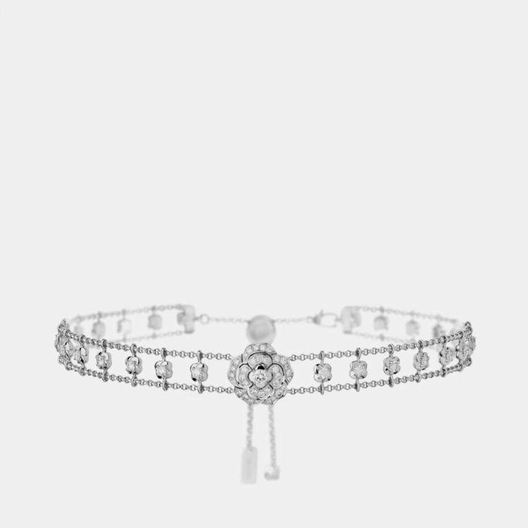 Pre Owned Chanel Camellia Diamond Set White Gold Necklace