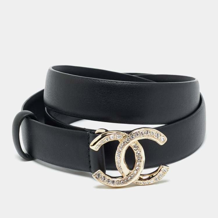 Pre Owned Chanel CC Crystal Embellished 80 CM Buckle Belt Black Leather