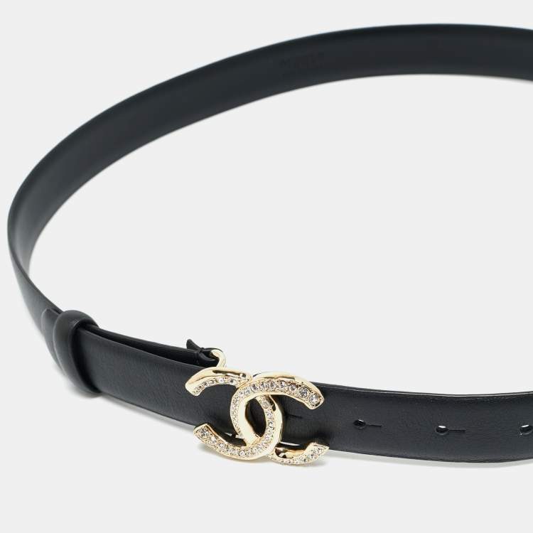 Pre Owned Chanel CC Crystal Embellished 80 CM Buckle Belt Black Leather