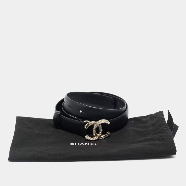 Pre Owned Chanel CC Crystal Embellished 80 CM Buckle Belt Black Leather