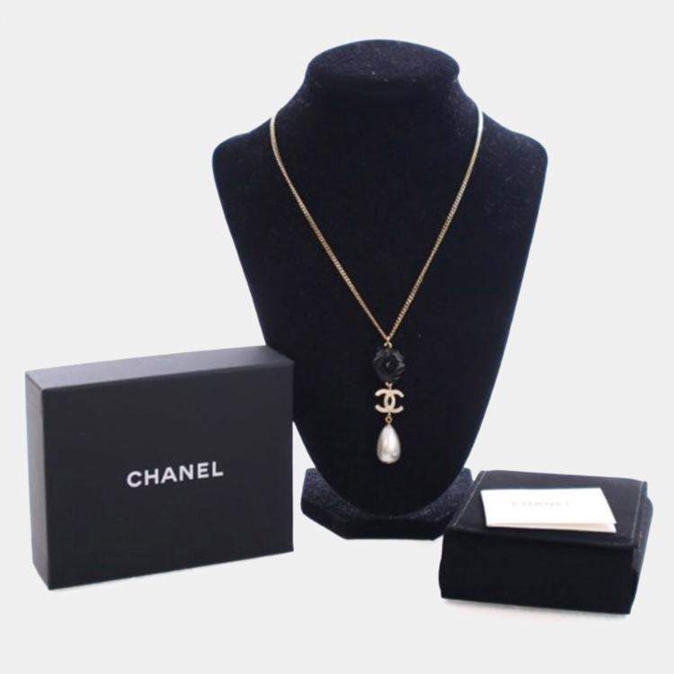 Pre Owned Chanel Crystal Camellia Pearl Drop Necklace
