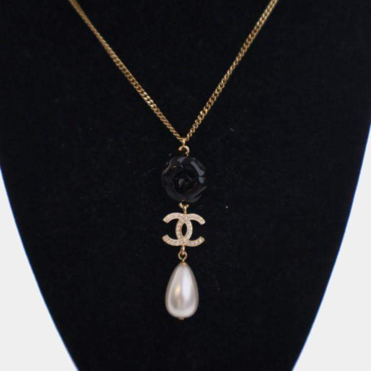 Pre Owned Chanel Crystal Camellia Pearl Drop Necklace