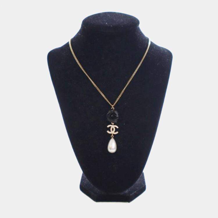Pre Owned Chanel Crystal Camellia Pearl Drop Necklace