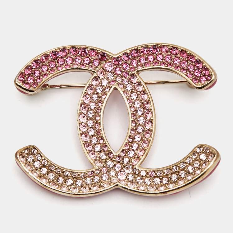 Pre Owned Chanel CC Crystals Enamel Gold Tone Brooch