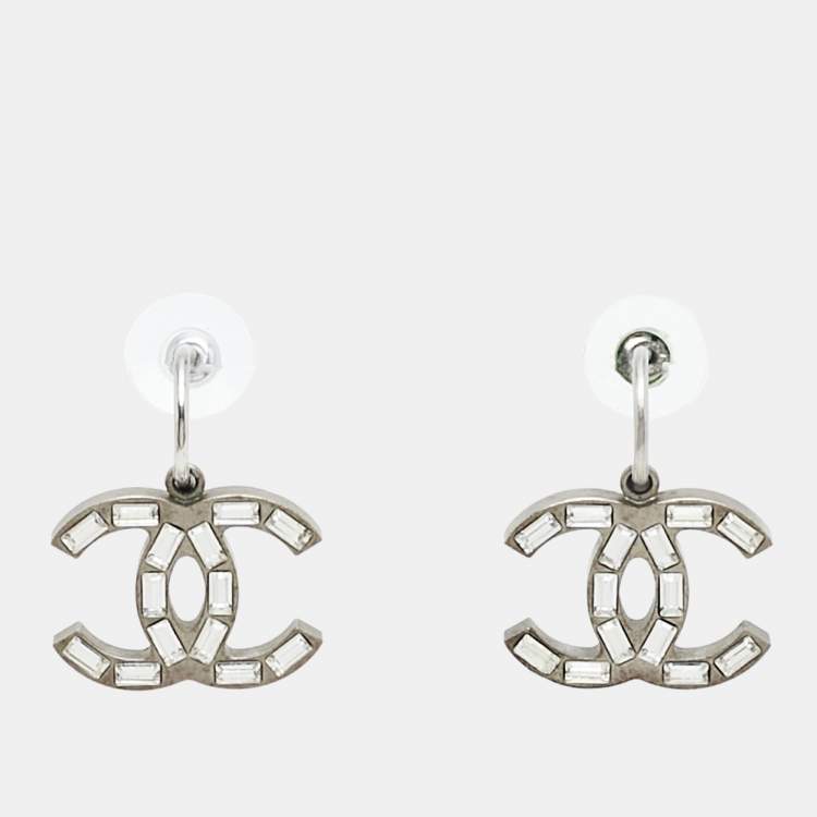 Pre Owned Chanel CC Crystals Enamel Two Tone Earrings