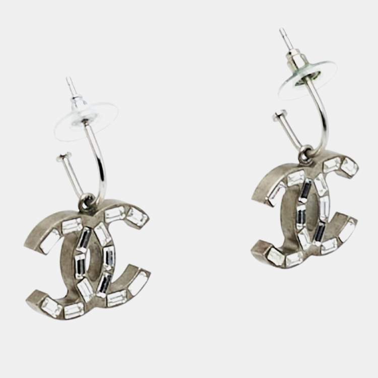 Pre Owned Chanel CC Crystals Enamel Two Tone Earrings