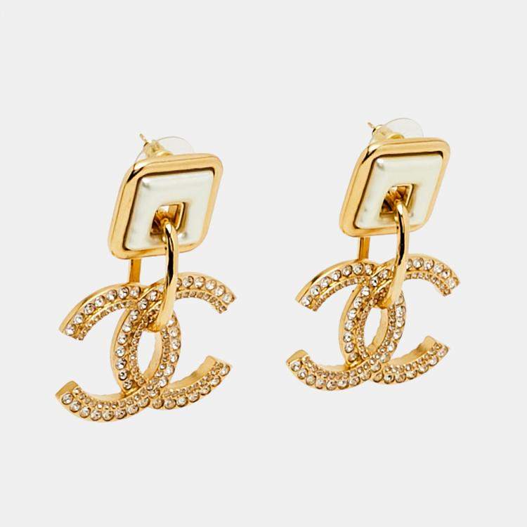 Pre Owned Chanel CC Resin Crystals Gold Tone Earrings