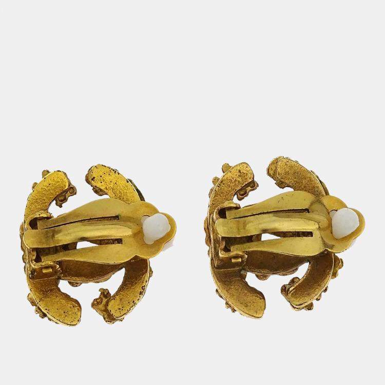 Pre Owned Chanel Gold CC Earrings Clip-On Rhinestone