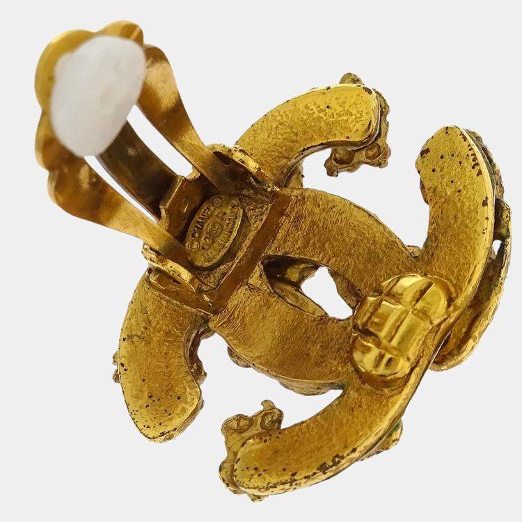 Pre Owned Chanel Gold CC Earrings Clip-On Rhinestone