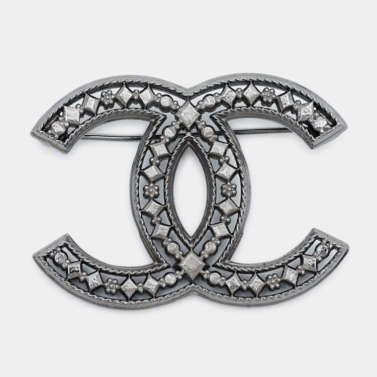Pre Owned Chanel  CC Gunmetal Tone Brooch