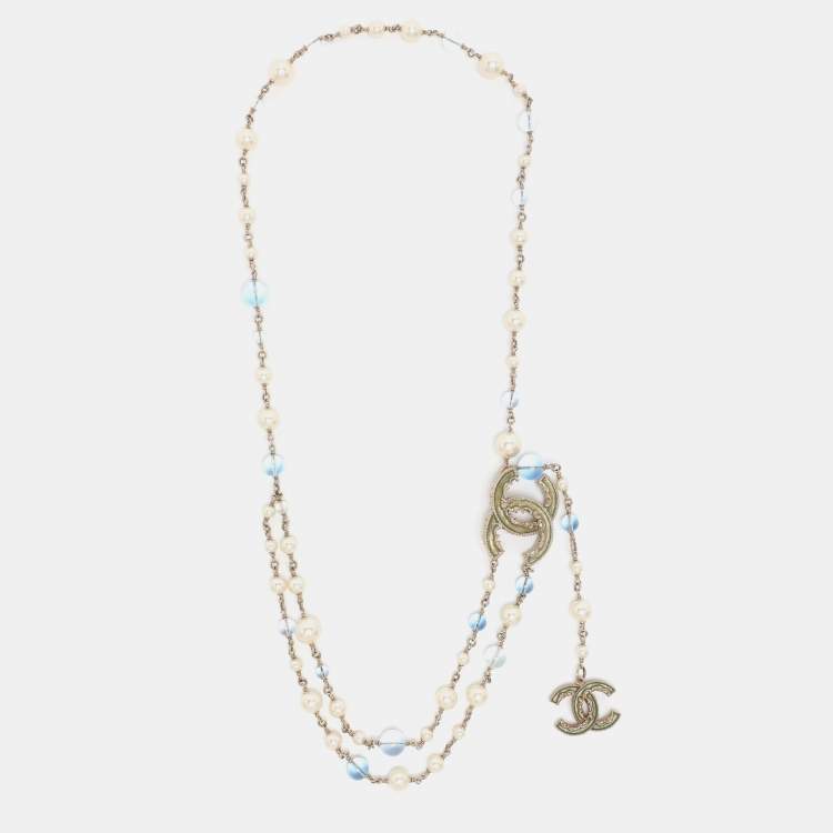 Pre Owned Chanel Gold Tone Multicolor Faux Pearl CC Multi Layered Long Necklace