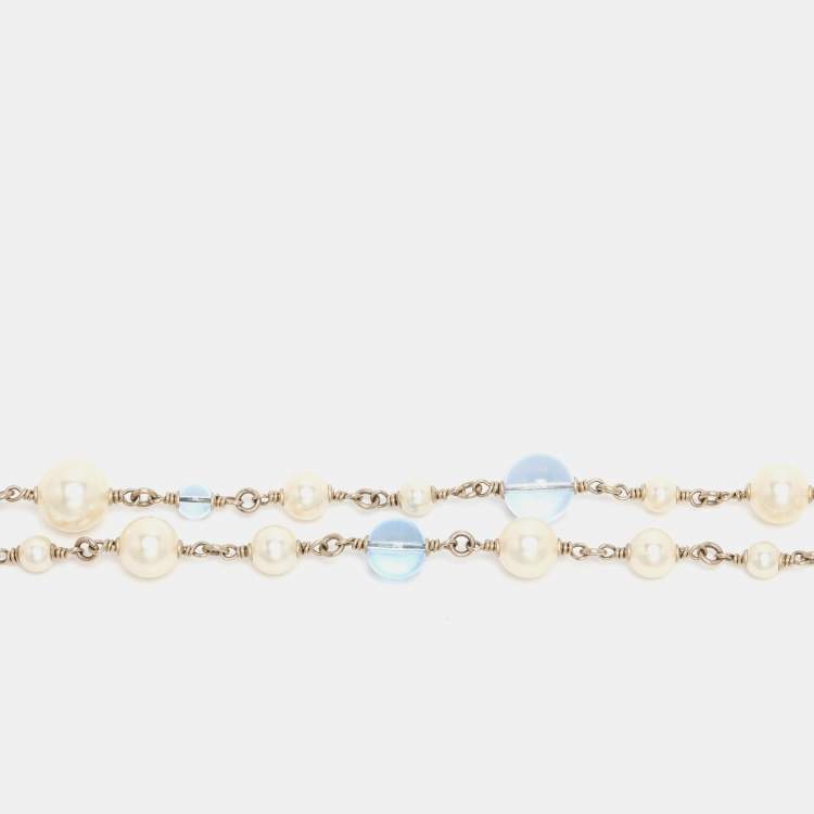 Pre Owned Chanel Gold Tone Multicolor Faux Pearl CC Multi Layered Long Necklace