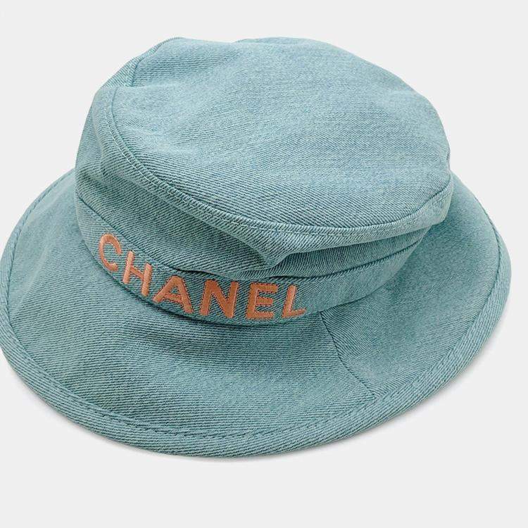 Pre Owned Chanel Hat Logo Size M Aqua Green Denim