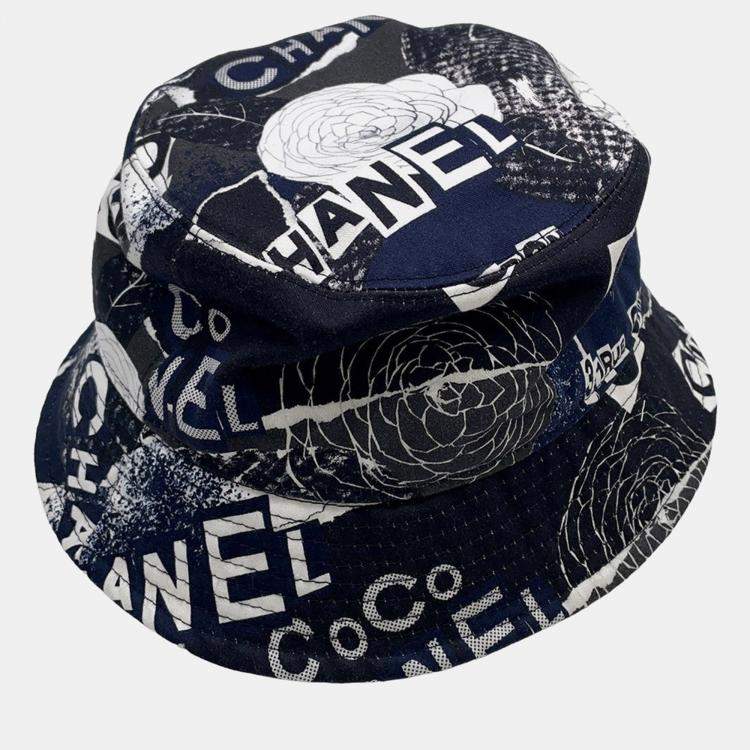Pre Owned Chanel Camellia Bucket Hat Size M Black/White Cotton 100%
