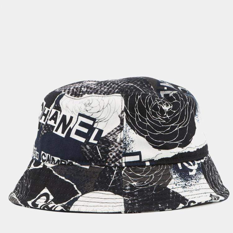 Pre Owned Chanel Camellia Bucket Hat Size M Black/White Cotton 100%