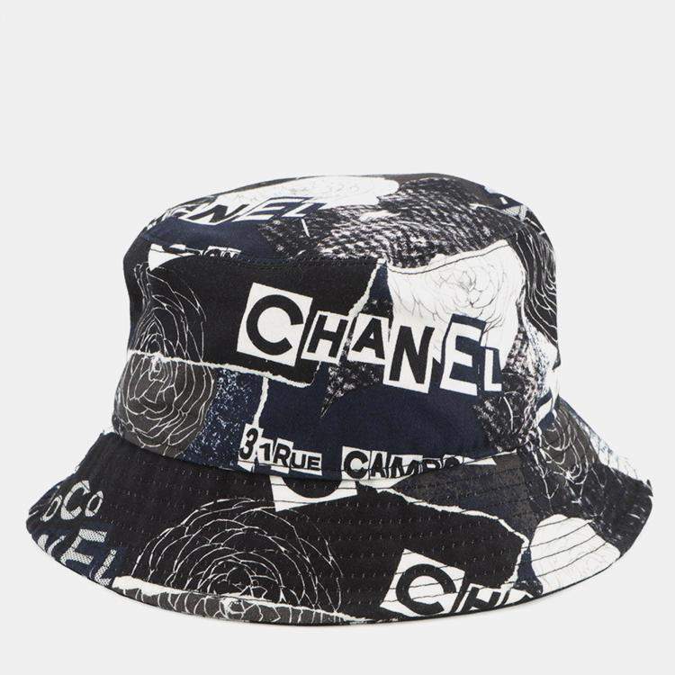 Pre Owned Chanel Camellia Bucket Hat Size M Black/White Cotton 100%