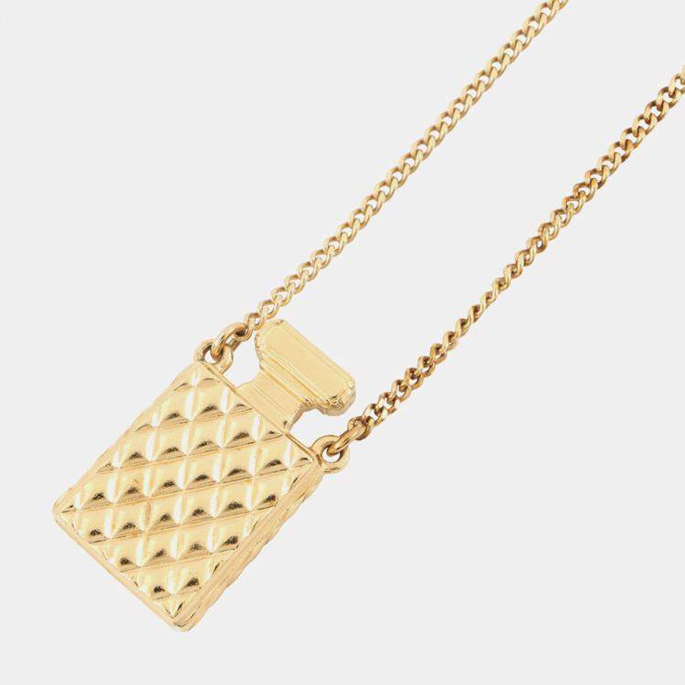 Pre Owned Chanel Cc Logo Perfume Bottle Motif Necklace Gold Plated Rhinestone Faux Pearl