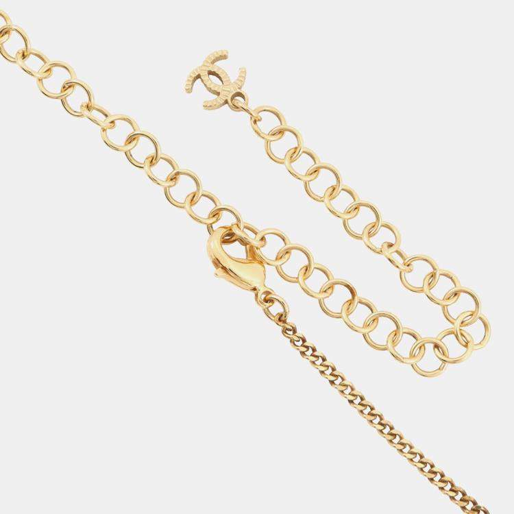 Pre Owned Chanel Cc Logo Perfume Bottle Motif Necklace Gold Plated Rhinestone Faux Pearl