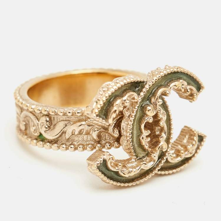 Pre Owned Chanel CC Green Enamel Gold Tone Cocktail Ring Size 51