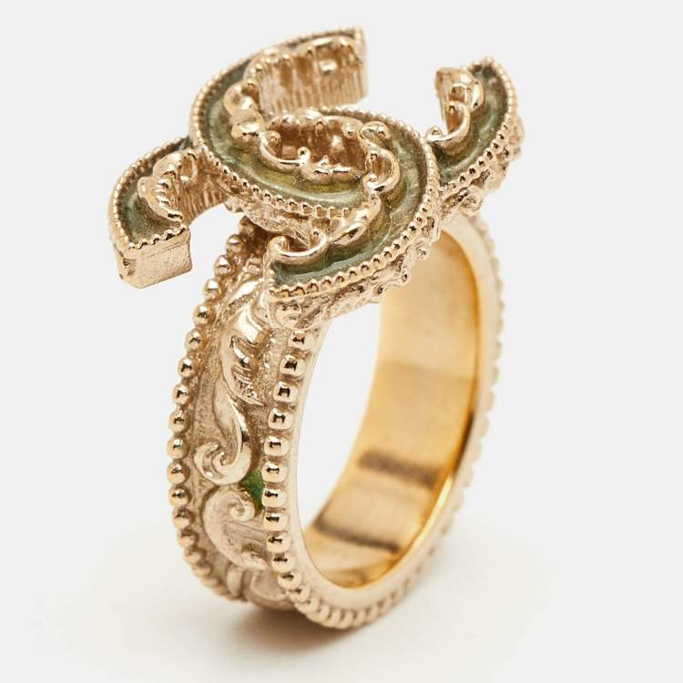 Pre Owned Chanel CC Green Enamel Gold Tone Cocktail Ring Size 51