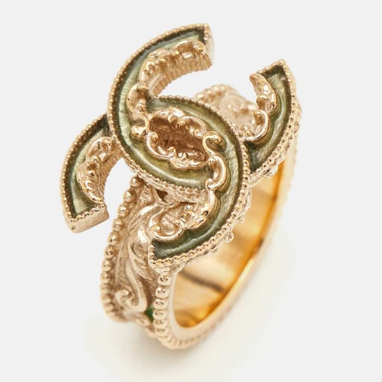 Pre Owned Chanel CC Green Enamel Gold Tone Cocktail Ring Size 51