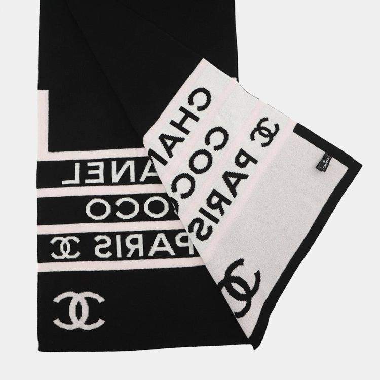 Pre Owned Chanel Cc Logo Large Scarf Black/White/Pink  