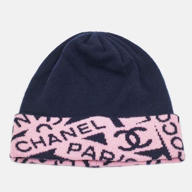 Pre Owned Chanel Navy Blue/Pink CC Intarsia Cashmere Beanie