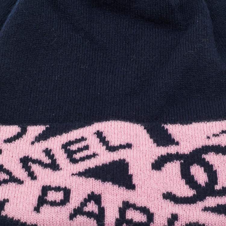 Pre Owned Chanel Navy Blue/Pink CC Intarsia Cashmere Beanie