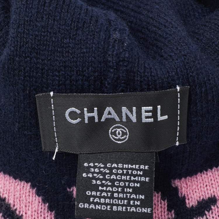 Pre Owned Chanel Navy Blue/Pink CC Intarsia Cashmere Beanie