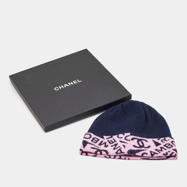 Pre Owned Chanel Navy Blue/Pink CC Intarsia Cashmere Beanie