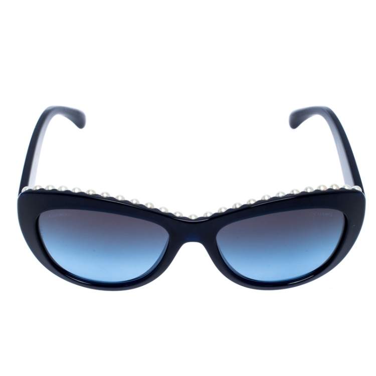 Chanel Dark Blue/ Blue Gradient 6038-H Pearl Embellished Cat Eye Sunglasses  Chanel