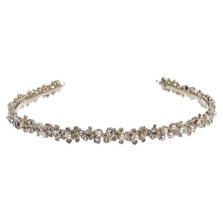 Pre Owned Chanel Crystal Faux Pearl Embellished Gold Tone Head Band