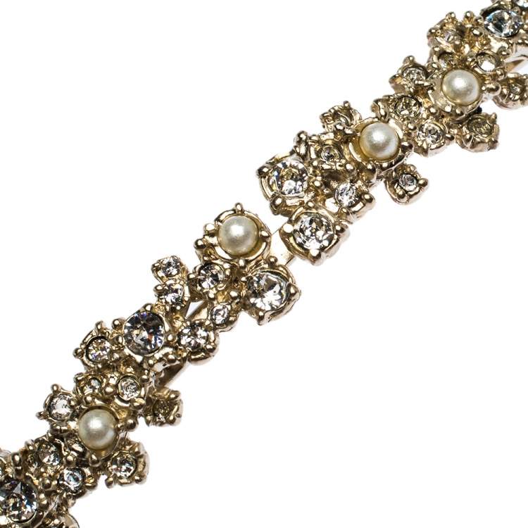Pre Owned Chanel Crystal Faux Pearl Embellished Gold Tone Head Band
